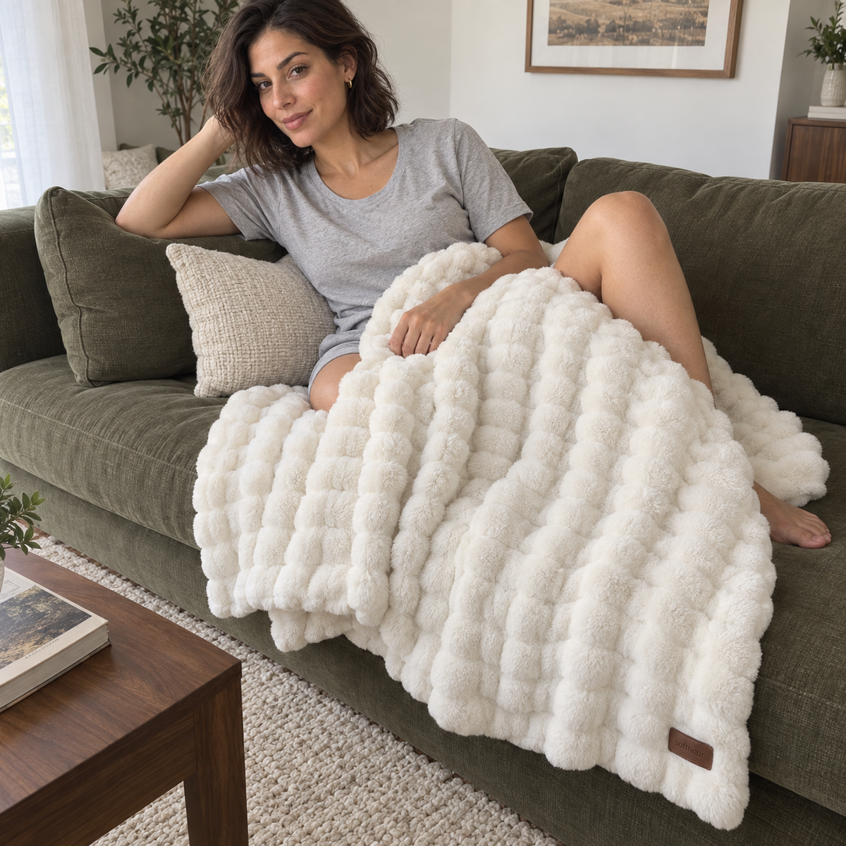 White Softhour Stay-In Blanket in a living room