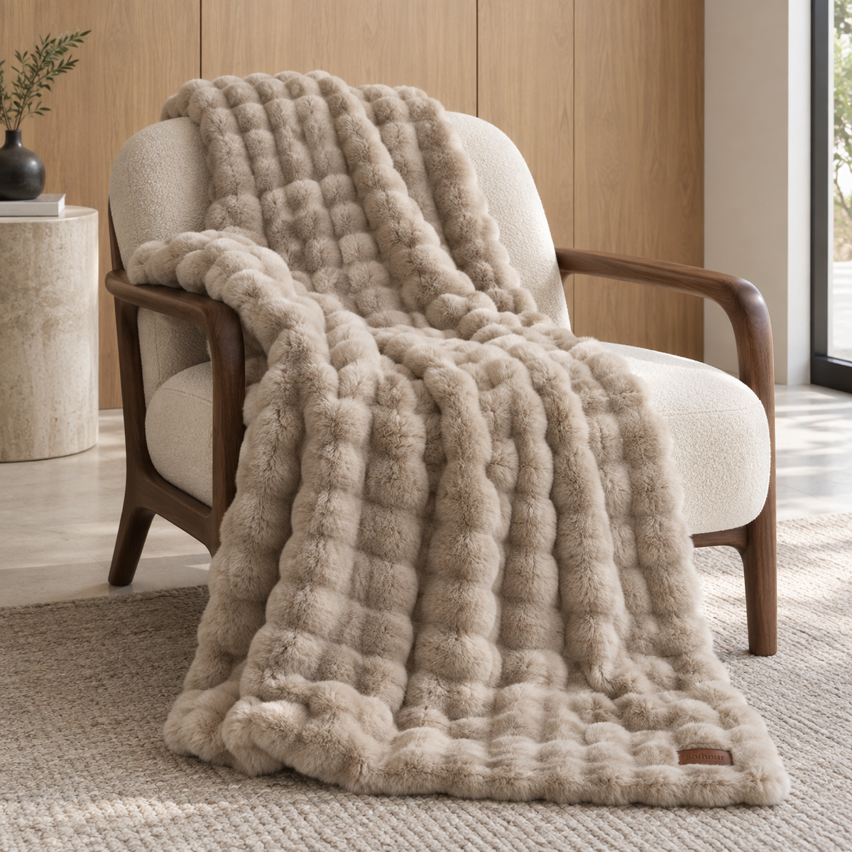 Taupe Softhour Stay-In Blanket draped over an armchair